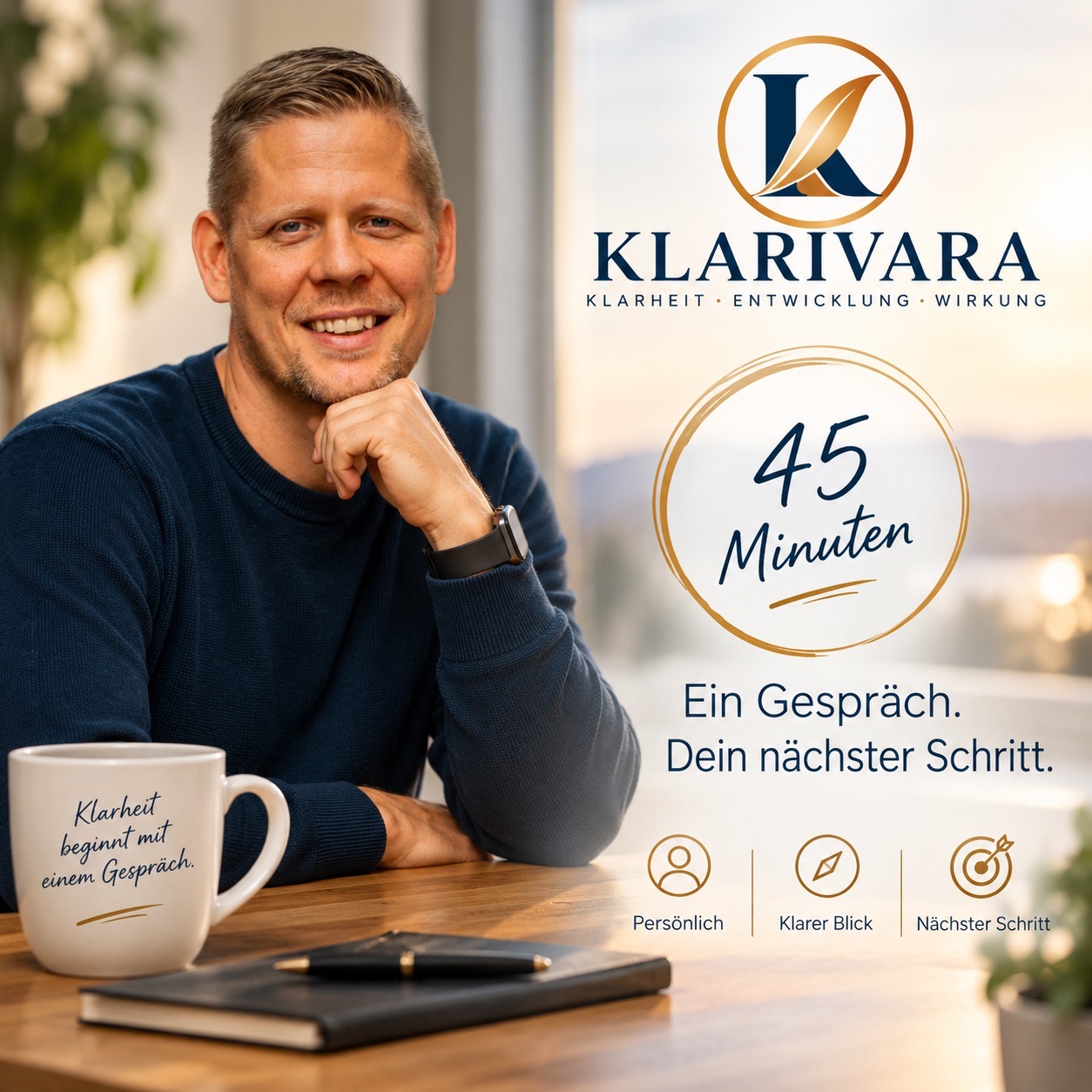 Steffen Knippertz sitzt nachdenklich mit einem Notizbuch am Tisch – Klarivara Premium-Erstberatung, 45 Minuten
