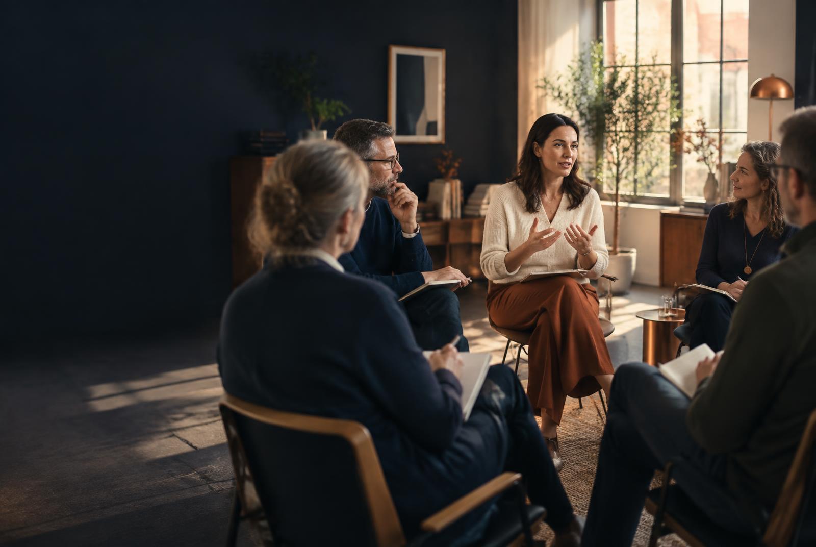 Erwachsene lernen und reflektieren gemeinsam in einer ruhigen Seminargruppe